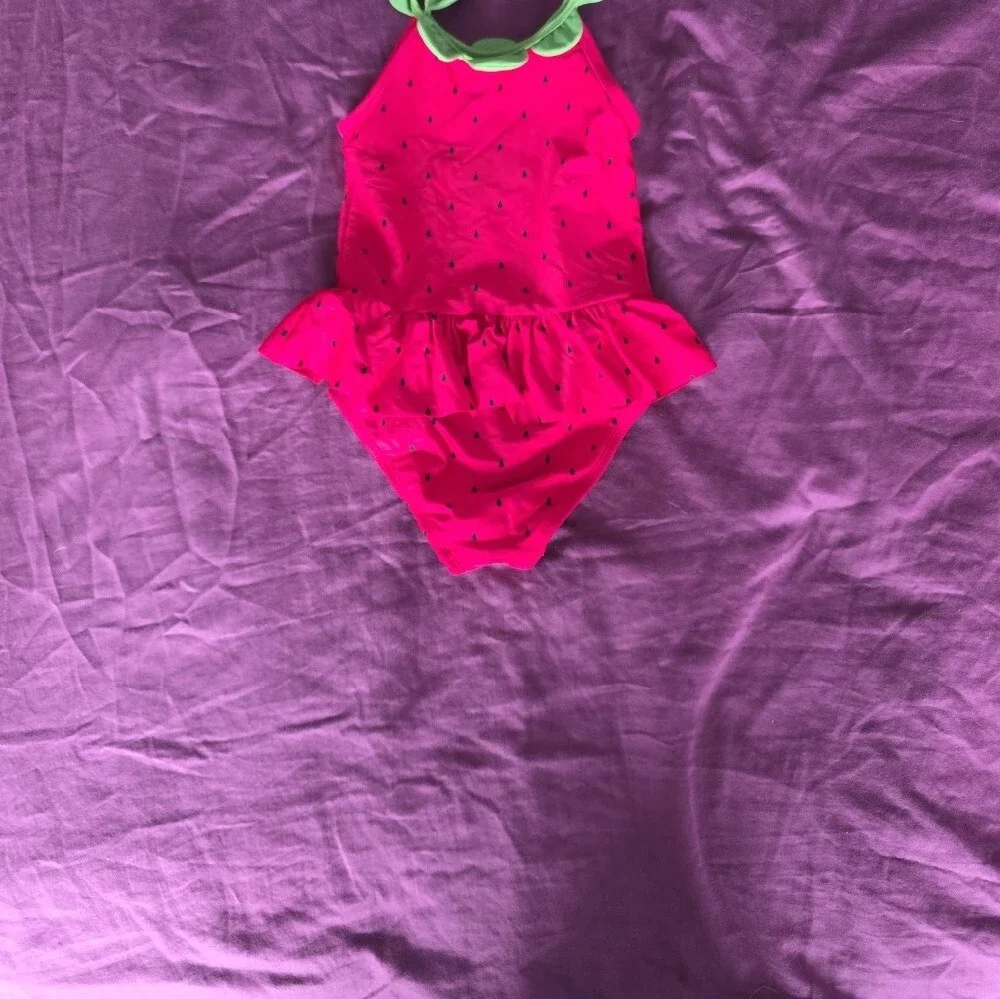 Gymboree Bright Red Strawberry One-Piece Swimsuit with Green Ruffle and Skirt